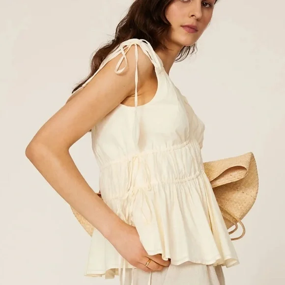 NWOT TORY BURCH Sleeveless Tie Top Smocked Peplum Ivory Shirt Blouse Size 14 - Picture 2 of 15